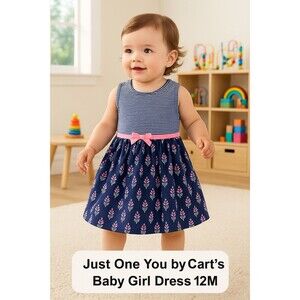 Just One You by Carter’s Baby Girl Dress 12M  Navy Floral & Striped Cotton Dress